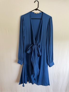 Nouvelle Silk95Five blue Silk Blend Tie Front Long Sleeve Dress S